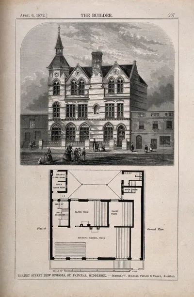 School at Thanet Street, King's Cross, London: above, an elevation, below, the plan
