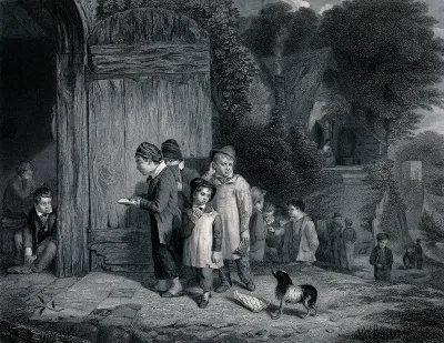Schoolboys arriving at school, showing different attitudes