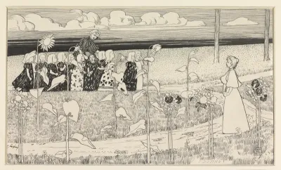 Schoolklas meisjes met begeleidsters in landschap met zonnebloemen