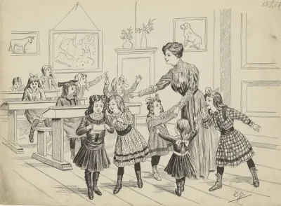 Schoolklas met meisjes en een onderwijzeres