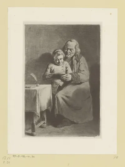 Schoolmeester en jongen een boek lezend