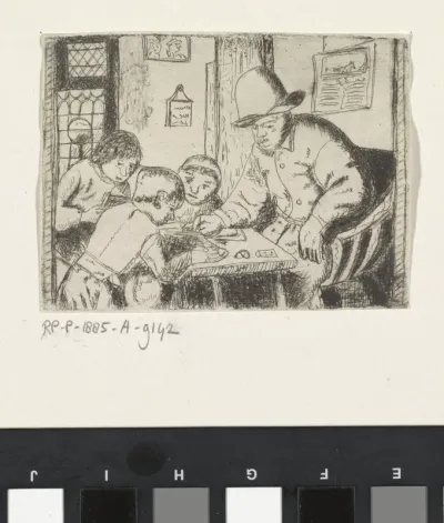 Schoolmeester met drie leerlingen bij tafel
