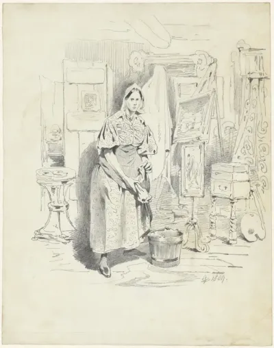 Schoonmaakster in het atelier van een kunstenaar