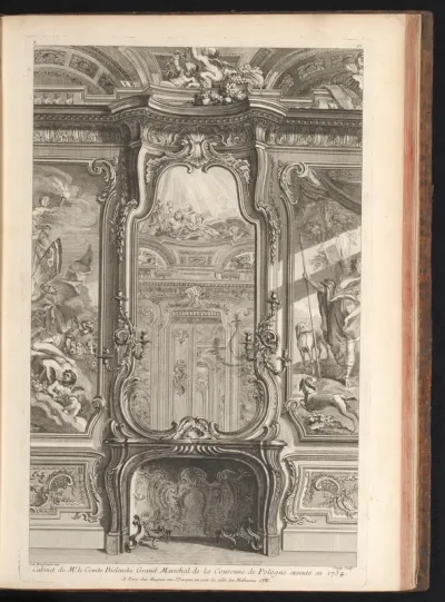 Schouw met spiegel en wanddecoratie in het kabinet van graaf van Bielinski