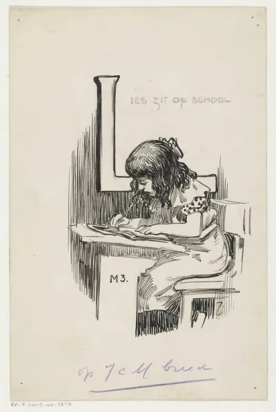 Schrijvend meisje in een schoolbank