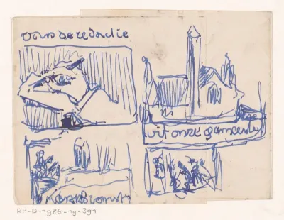 Schrijvende hand en de Tesselschadekerk te Hilversum