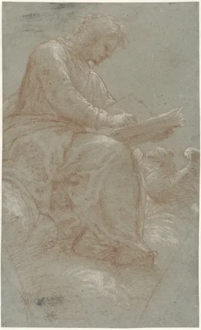 Schrijvende heilige Johannes op de wolken