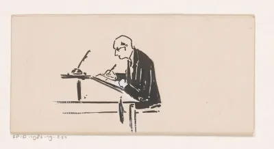 Schrijvende man aan een lessenaar