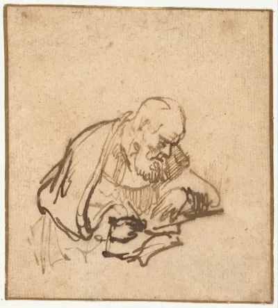 Schrijvende oude man met een baard