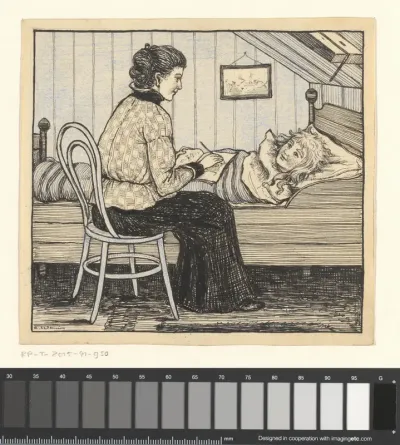 Schrijvende vrouw aan een bed