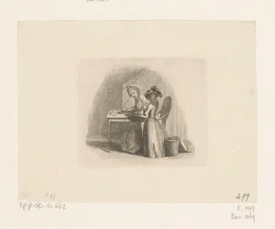 Schrijvende vrouw aan tafel met naast haar een voorlezend meisje