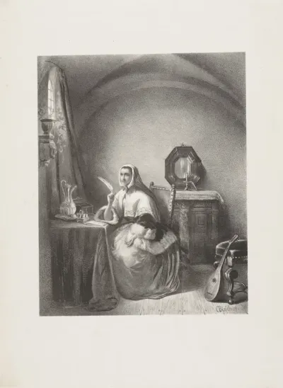 Schrijvende vrouw bij het raam