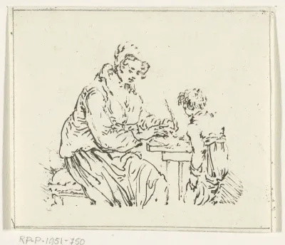 Schrijvende vrouw en staande jongen