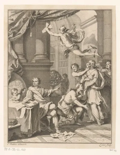 Schrijver gezeten aan een tafel, wijzend naar een groep mythologische figuren