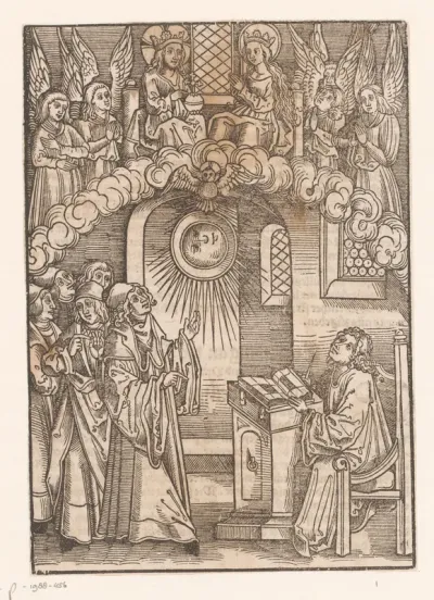 Schrijver in zijn werkkamer ziet Christus en Maria omgeven door engelen