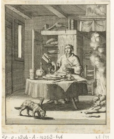 Schrijver Willem Sluiter zit aan tafel en zingt na de maaltijd uit een psalmboek
