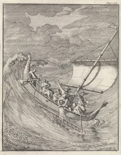 Schrijver William Dampier in een kleine open prauw op reis naar Atjeh