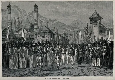 Schucha, Caucasus: a funeral procession of men holding swords
