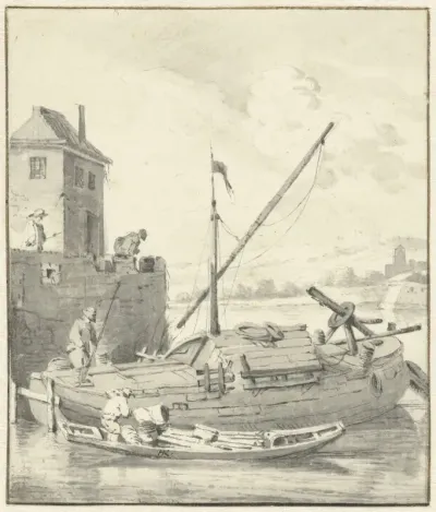 Schuit bij een stadsmuur