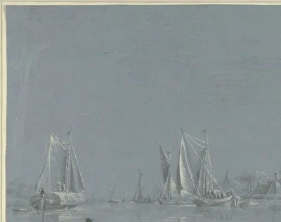 Schuiten op het water, op de voorgrond een roeibootje