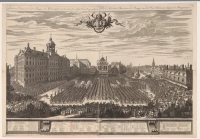 Schutterijen op de Dam tijdens de Amsterdamse kermis, 1686