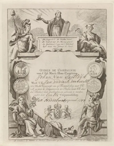 Schuttersbiljet van kapitein Johan van Soestdijk met allegorie op Holland en schutterij