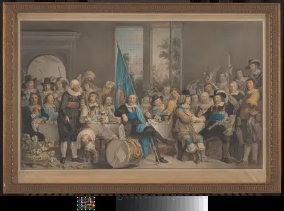 Schuttersmaaltijd in de Voetboog (St. Joris) doelen te Amsterdam, ter viering van het sluiten van de Vrede van Munster, 18 juni 1648