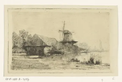 Schuur en molen aan het water