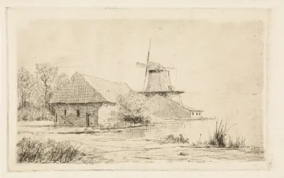 Schuur en molen aan het water