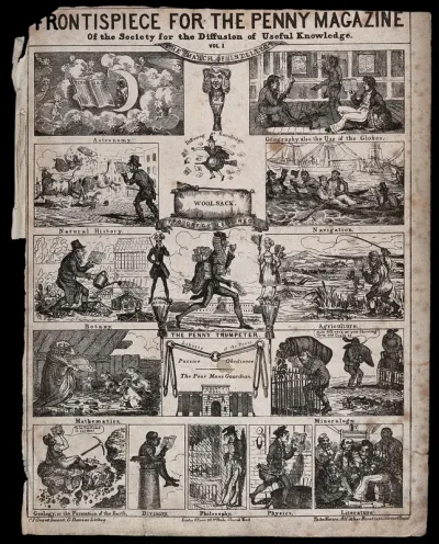 Science: a parody frontispiece to the Penny Magazine, with humorous representations of the "March of intellect" movement