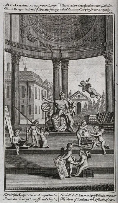 Science: putti undertaking various experiments in an open temple or rotunda, presided over by Scientia