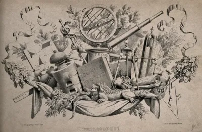 Scientific instruments and attributes of philosophy: gyroscopes, telescope, pestle and mortar, cosmological manuals, natural history specimens etc