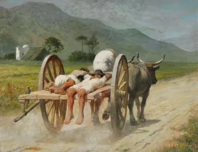 "Scirococo". Sleeping farm labourers on a cart in the midday heat