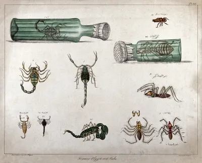 Scorpions and arachnids: eleven figures, including two examples enclosed in ventilated bottles