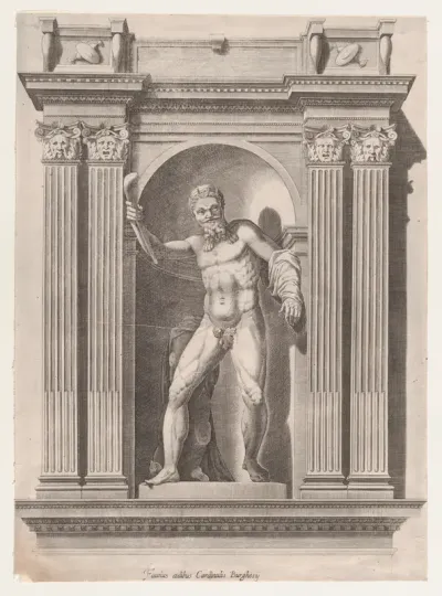 Sculpture of a faun standing in a niche after a statue in Scipione Borghese's villa, from "Speculum Romanae Magnificentiae"