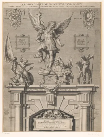 Sculptuur van de aartsengel Michaël boven de ingang van het arsenaal in Augsburg