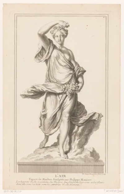 Sculptuur van een jonge vrouw op een wolk met rozen in haar hand
