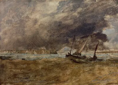 Seapiece with fishing boats off a wooden pier, a gale coming in