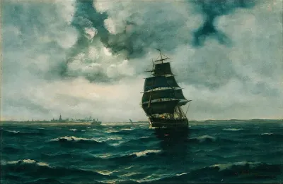 Seascape with a barque along the coast of Kronborg Castle in the moonlight.