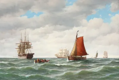 Seascape with a Dutch warship, sailing ships and a fishing boat.