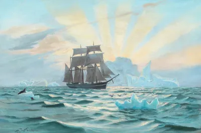 Seascape with a ship near Greenland.