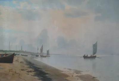 Seascape with fishermen near the shore.