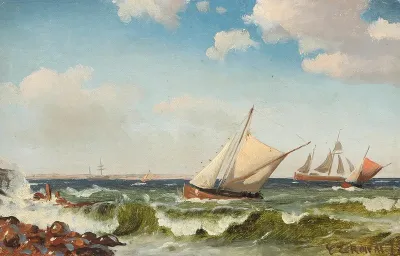 Seascape with fishing boats by a coast.