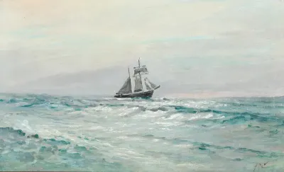 Seascape with sailing ship at full sails.