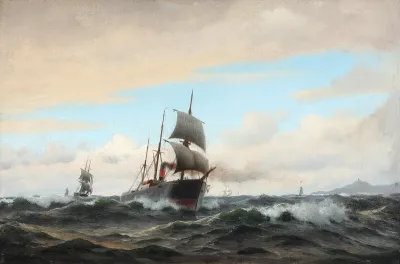 Seascape with sailing ships and a steamer in high waves.