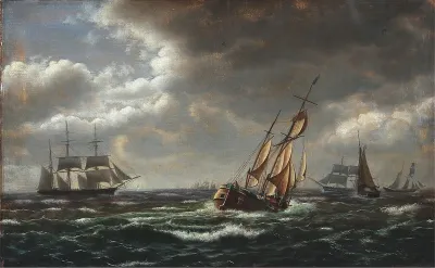Seascape with sailing ships in high waves