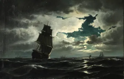 Seascape with sailing ships in moonlight, in the background Kronborg Castle.