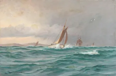 Seascape with sailing ships off a coast.