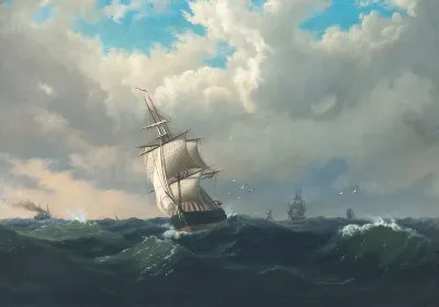 Seascape with sailing ships.