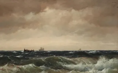 Seascape with ships on the horizon.